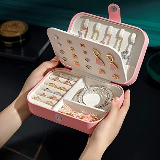 PU Leather Big Jewelry Box Organizer for Women | Magnetic Buckle Storage Case with Dividers | Ring, Earring, Necklace Holder | Travel Cosmetic Vanity Box (Pink)