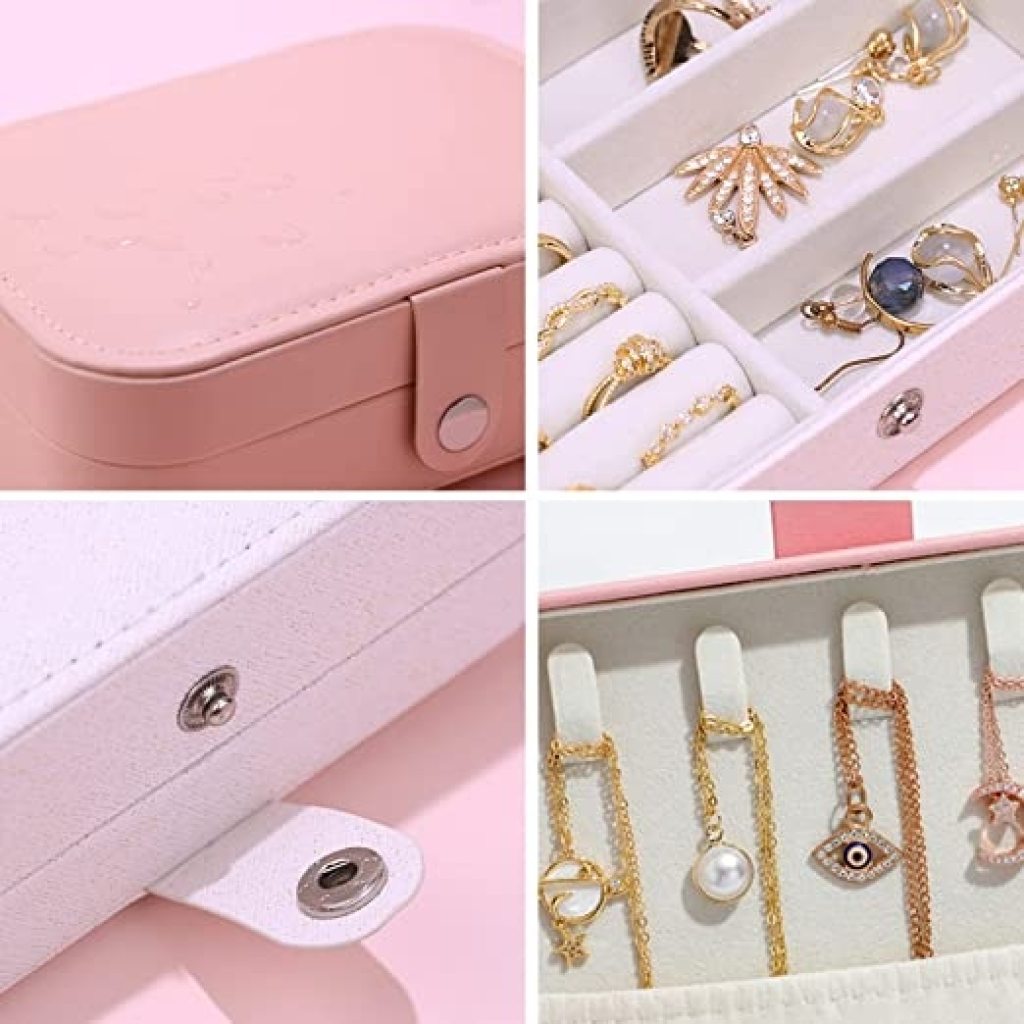 PU Leather Big Jewelry Box Organizer for Women | Magnetic Buckle Storage Case with Dividers | Ring, Earring, Necklace Holder | Travel Cosmetic Vanity Box (Pink)