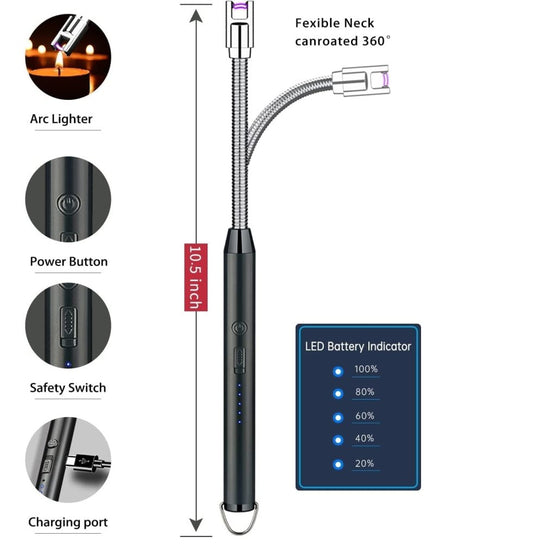 USB Rechargeable Electric Gas Lighter | 360° Flexible Neck Plasma Arc Lighter with LED Battery Display | Flameless Windproof Lighter for Kitchen Gas Stove, Pooja Mandir, Candle, Diwali Fireworks, BBQ & Camping