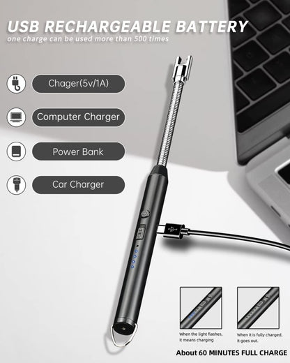USB Rechargeable Electric Gas Lighter | 360° Flexible Neck Plasma Arc Lighter with LED Battery Display | Flameless Windproof Lighter for Kitchen Gas Stove, Pooja Mandir, Candle, Diwali Fireworks, BBQ & Camping