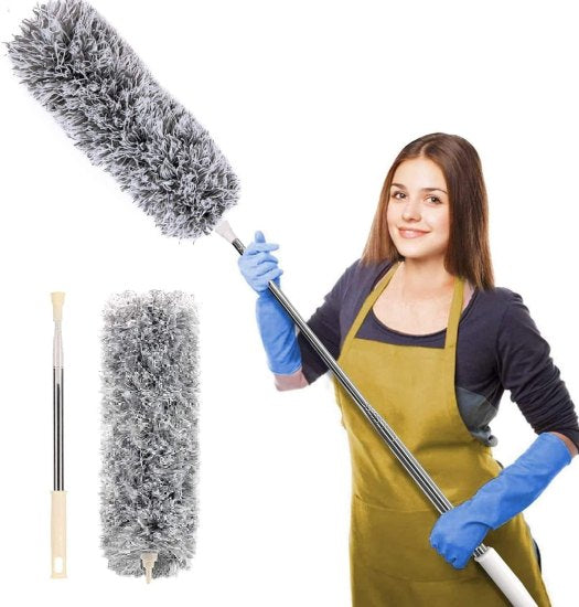 Microfiber Feather Duster with 100-Inch Telescopic Extension Pole – Flexible, Scratch-Free & Washable Cleaning Tool for High Ceilings, Fans, Windows, Furniture, Roof (Grey)