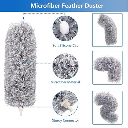 Microfiber Feather Duster with 100-Inch Telescopic Extension Pole – Flexible, Scratch-Free & Washable Cleaning Tool for High Ceilings, Fans, Windows, Furniture, Roof (Grey)