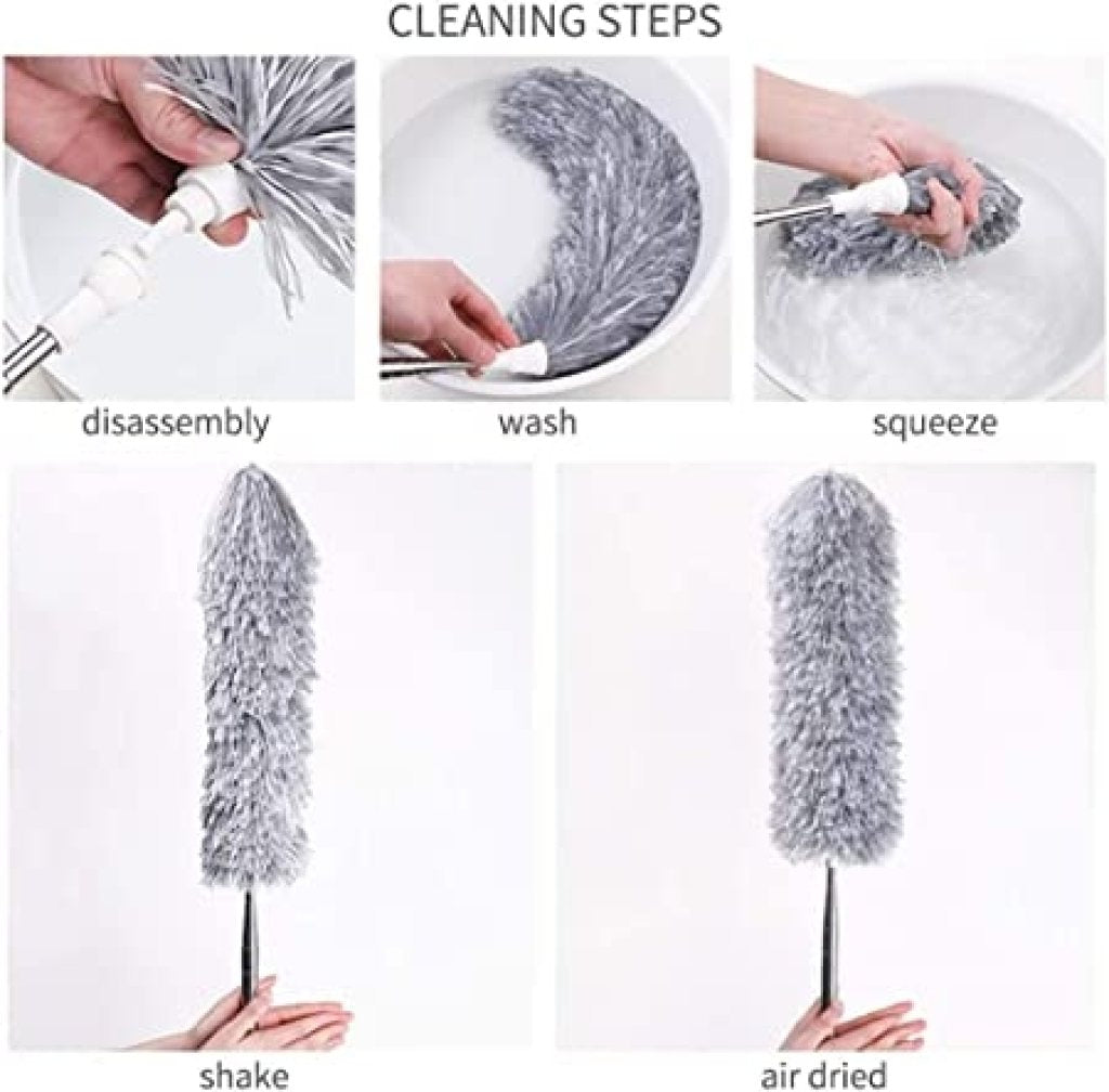 Microfiber Feather Duster with 100-Inch Telescopic Extension Pole – Flexible, Scratch-Free & Washable Cleaning Tool for High Ceilings, Fans, Windows, Furniture, Roof (Grey)