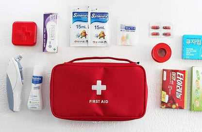 Travel Medicine Pouch First Aid Kit Organizer Bag | Portable Emergency Storage Bag for Car, Office, Home | Empty Medical Box with Compartments (Red, Polyester)