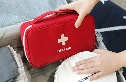 Travel Medicine Pouch First Aid Kit Organizer Bag | Portable Emergency Storage Bag for Car, Office, Home | Empty Medical Box with Compartments (Red, Polyester)