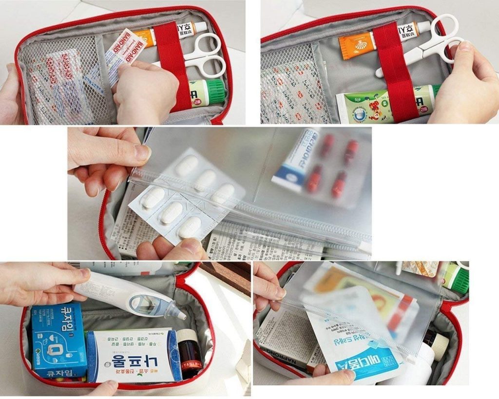 Travel Medicine Pouch First Aid Kit Organizer Bag | Portable Emergency Storage Bag for Car, Office, Home | Empty Medical Box with Compartments (Red, Polyester)