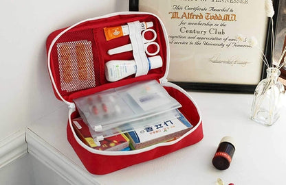Travel Medicine Pouch First Aid Kit Organizer Bag | Portable Emergency Storage Bag for Car, Office, Home | Empty Medical Box with Compartments (Red, Polyester)