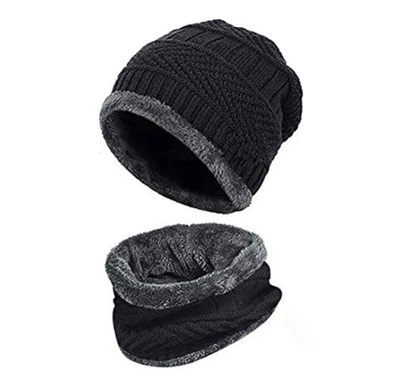Winter Woolen Hat & Neck Scarf Combo – Thick Fleece-Lined Warm Beanie Cap and Muffler Set for Men & Women | Outdoor Cold Weather Wear (Black)