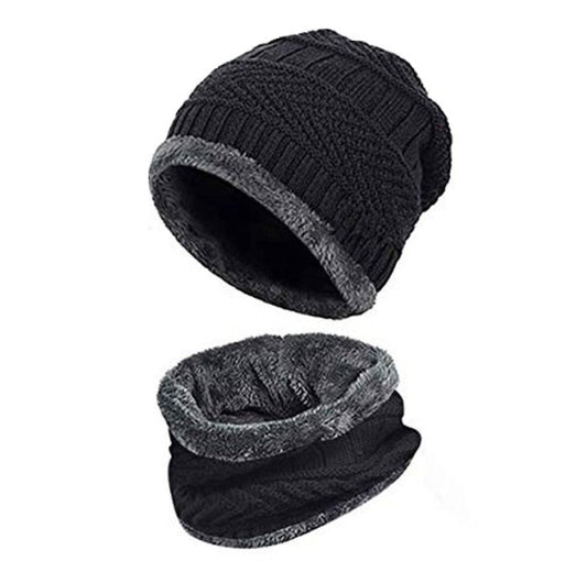 Winter Woolen Hat & Neck Scarf Combo – Thick Fleece-Lined Warm Beanie Cap and Muffler Set for Men & Women | Outdoor Cold Weather Wear (Black)